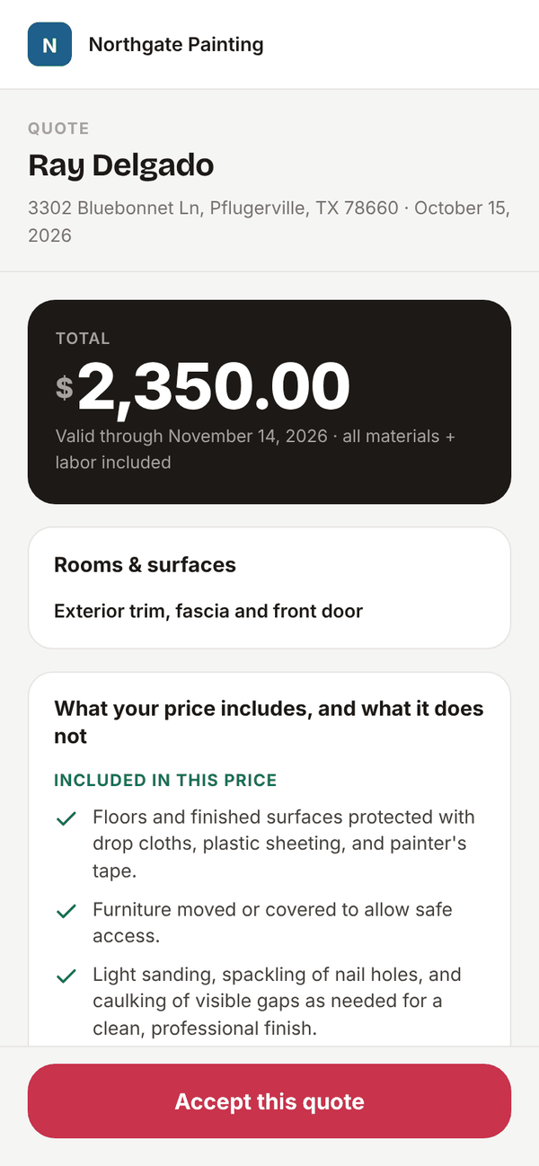 The quote page your client opens: your company name, the total, the rooms and surfaces, what the price includes, and an Accept this quote button.
